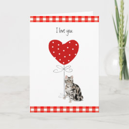 Grå valentinskatt med hjärtekonvalong Röd & Vit Kort
