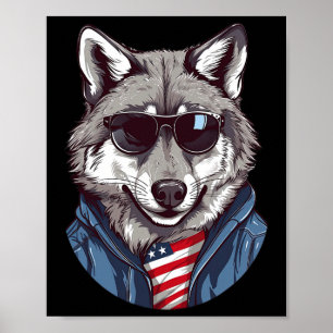 Grå Varg Med Patriotisk Usa Flagga Amerikansk Ober Poster