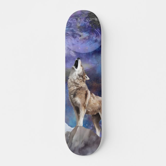 Grå Varg Ylar åt Månen Skateboard (Framsida)