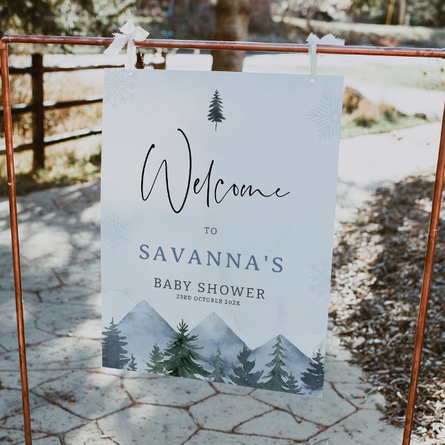 Grå Vildmarks Vinter Bebis Shower Välkomstskylt Fototryck (Mountain Welcome Sign, Pine Tree Welcome Sign, Baby Shower Welcome Sign, Winter Baby Shower Welcome)