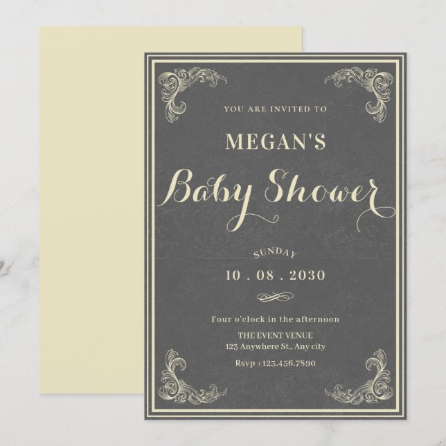 Grå vintage elegant baby shower  inbjudningar (Fram/baksida)