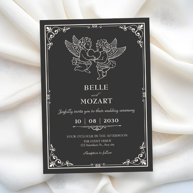 Grå vintage eleganta änglar bröllop  inbjudningar (Skapare uppladdad)