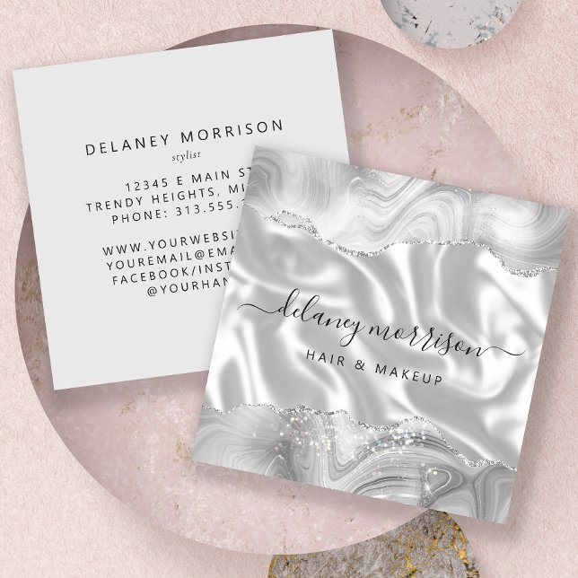 Grå Vit Agat Silver Glitter Lyx Fyrkantigt Visitkort (Skapare uppladdad)
