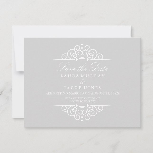 Grå & Vit Antik Scroll Bröllop Spara Datum Datumet (Framsida)