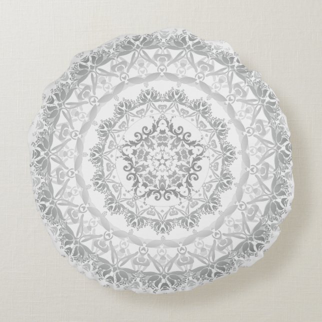 Grå vit blomsterdamastmandala rund kudde (Baksidan)