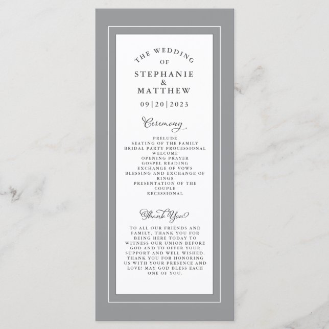 Grå & Vit Bröllopsceremoni Elegant Program (Framsida)