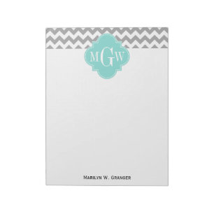 Grå Vit Chevron Aqua Fyrklöver 3 Monogramm Anteckningsblock
