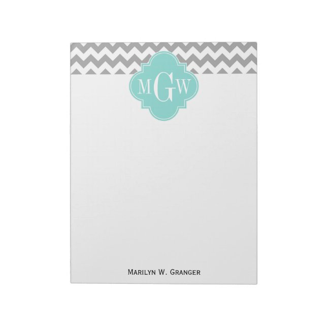 Grå Vit Chevron Aqua Fyrklöver 3 Monogramm Anteckningsblock (Roterad)