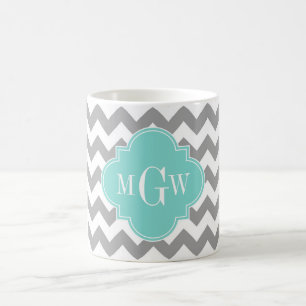 Grå Vit Chevron Aqua Fyrklöver 3 Monogramm Kaffemugg
