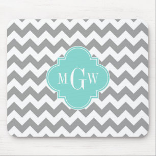 Grå Vit Chevron Aqua Fyrklöver 3 Monogramm Musmatta