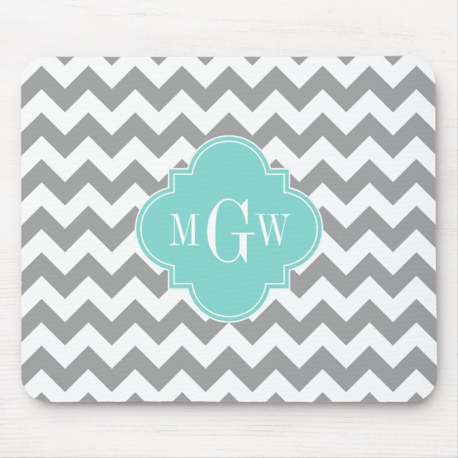 Grå Vit Chevron Aqua Fyrklöver 3 Monogramm Musmatta (Framsidan)