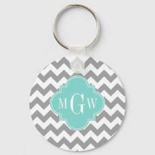 Grå Vit Chevron Aqua Fyrklöver 3 Monogramm Nyckelring
