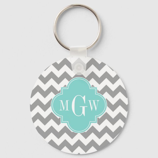 Grå Vit Chevron Aqua Fyrklöver 3 Monogramm Nyckelring (Framsida)