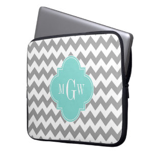 Grå Vit Chevron Aqua Turkos Fyrklöver 3 Monogram Laptop Fodral