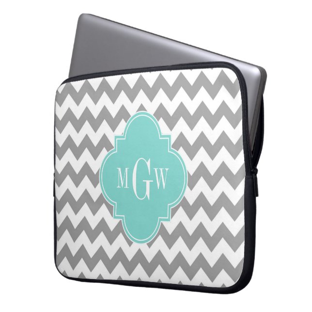 Grå Vit Chevron Aqua Turkos Fyrklöver 3 Monogram Laptop Fodral (Framsidan Vänster)