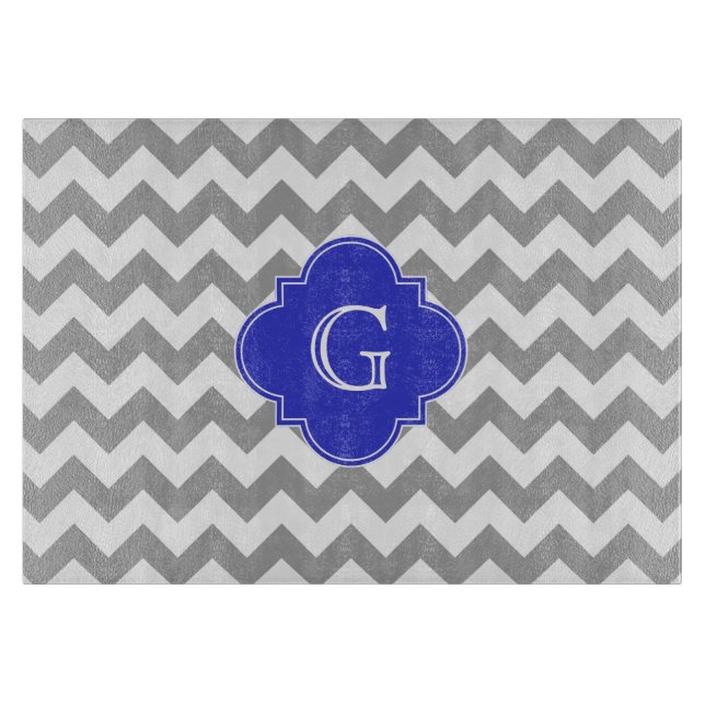 Grå Vit Chevron Koboltblå Fyrklöver Monogram (Framsidan)