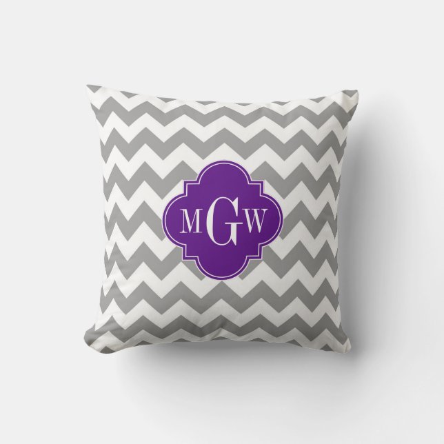 Grå Vit Chevron Lila Quatrefoil 3 Monogram Kudde (Framsida)