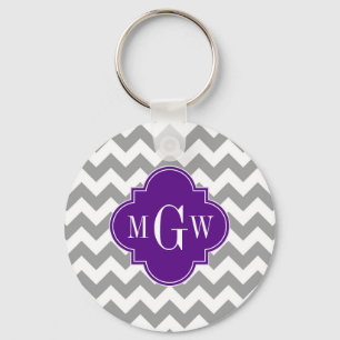 Grå Vit Chevron Lila Quatrefoil 3 Monogram Nyckelring
