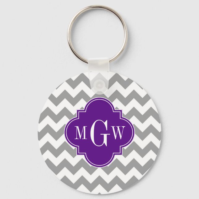 Grå Vit Chevron Lila Quatrefoil 3 Monogram Nyckelring (Framsida)
