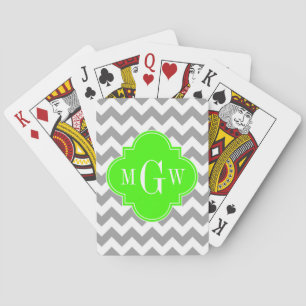 Grå Vit Chevron Lime Fyrklöver 3 Monogram Casinokort