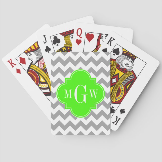 Grå Vit Chevron Lime Fyrklöver 3 Monogram Casinokort (Baksidan)