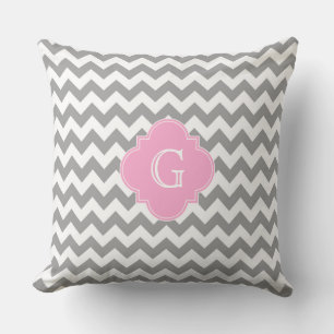 Grå Vit Chevron Rosa Quatrefoil Monogram Kudde