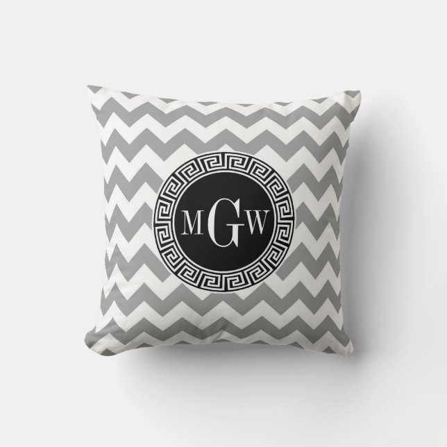 Grå Vit Chevron Svart Grekisk Nyckel 3 Monogram Kudde (Framsida)