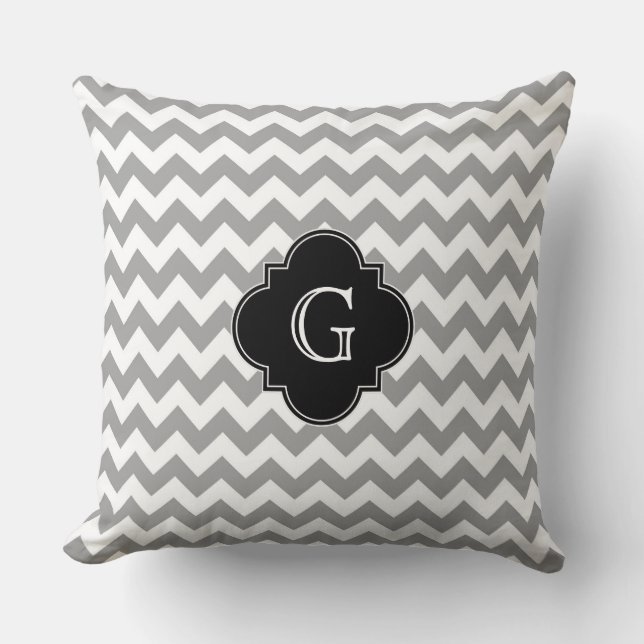 Grå Vit Chevron ZigZag Svart Quatrefoil Monogram Kudde (Framsida)