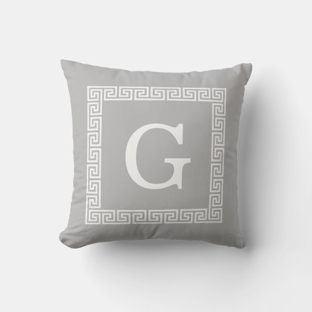Grå Vit Grekisk Nyckel Ram #1 Initialer Monogram Kudde (Framsida)