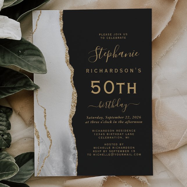 Grå Vit Guld Agat Mörk 50-års Födelsedagsfest Inbjudningar (Skapare uppladdad)