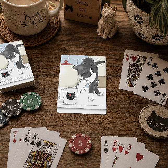 Grå Vit Katt Rolig Tekopp Kök Casinokort (Skapare uppladdad)