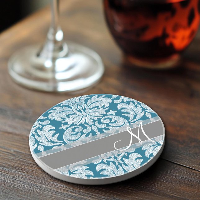 Grå vit kritskive damask mönster underlägg (Sandstone Coaster)