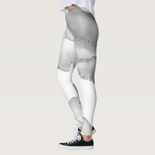 Grå Vit Marmor Agat Enkel Silver Glitter Leggings (Vänster)