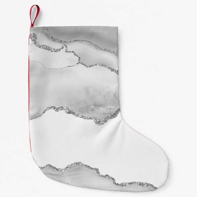Grå Vit Marmor Agat Enkel Silver Glitter Liten Julstrumpa (Framsidan)