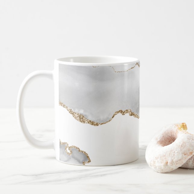 Grå Vit Marmor Agat Förfinad Gyllen Glitter Kaffemugg (Med munk)