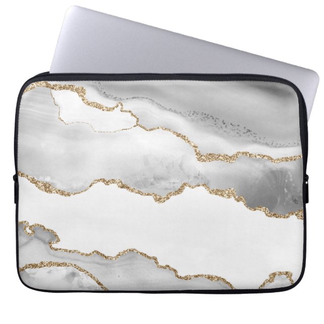 Grå Vit Marmor Agat Förfinad Gyllen Glitter Laptop Fodral (Framsidan)
