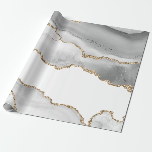 Grå Vit Marmor Agat Förfinad Gyllen Glitter Presentpapper (Utrullad)