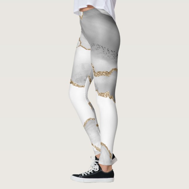 Grå Vit Marmor Agat Förfinad Gylling Glitter Leggings (Vänster)