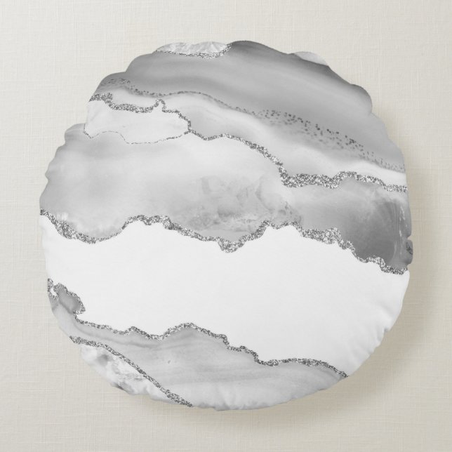 Grå Vit Marmor Agat Silver Glitter Elegant Rund Kudde (Framsidan)