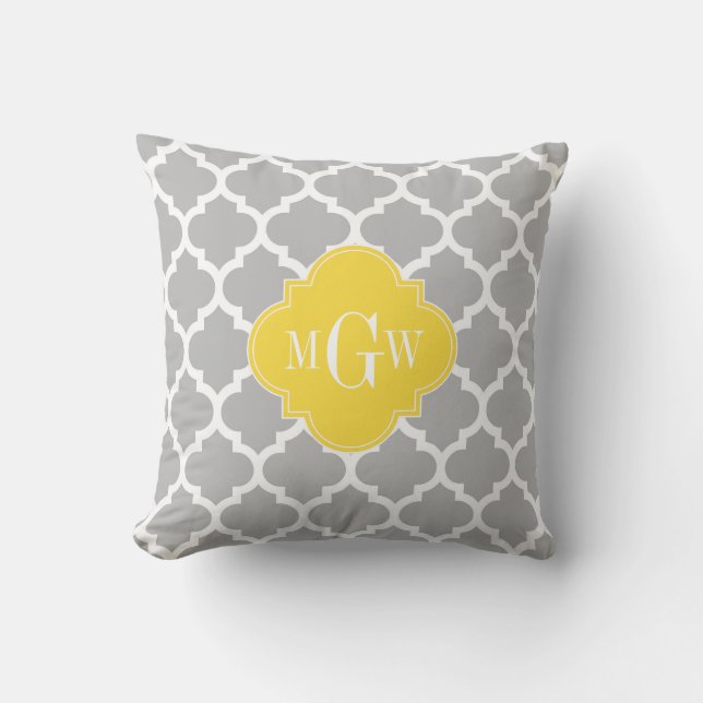 Grå Vit Marockansk #5 Ananas 3 Initial Monogramm Kudde (Framsida)