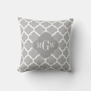 Grå Vit Marockansk #5 Grå 3 Initial Monogramm Kudde