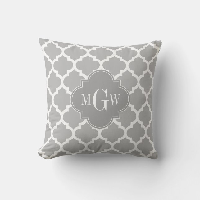 Grå Vit Marockansk #5 Grå 3 Initial Monogramm Kudde (Framsida)