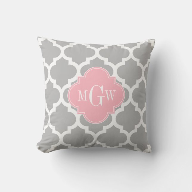 Grå Vit Marockansk #5 Rosa 3 Initial Monogramm Kudde (Framsida)