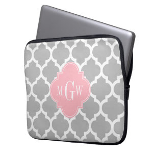 Grå Vit Marockansk #5 Rosa 3 Initial Monogramm Laptop Sleeve