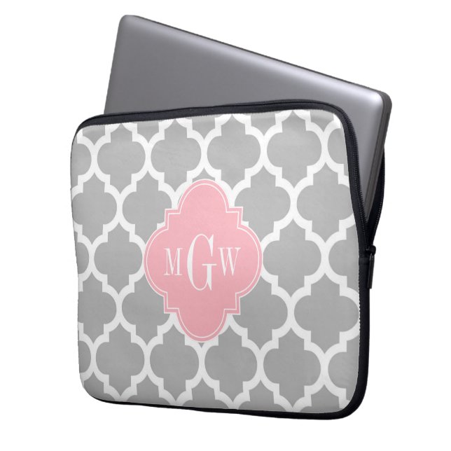 Grå Vit Marockansk #5 Rosa 3 Initial Monogramm Laptop Sleeve (Framsidan Vänster)