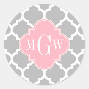 Grå Vit Marockansk #5 Rosa 3 Initial Monogramm Runt Klistermärke