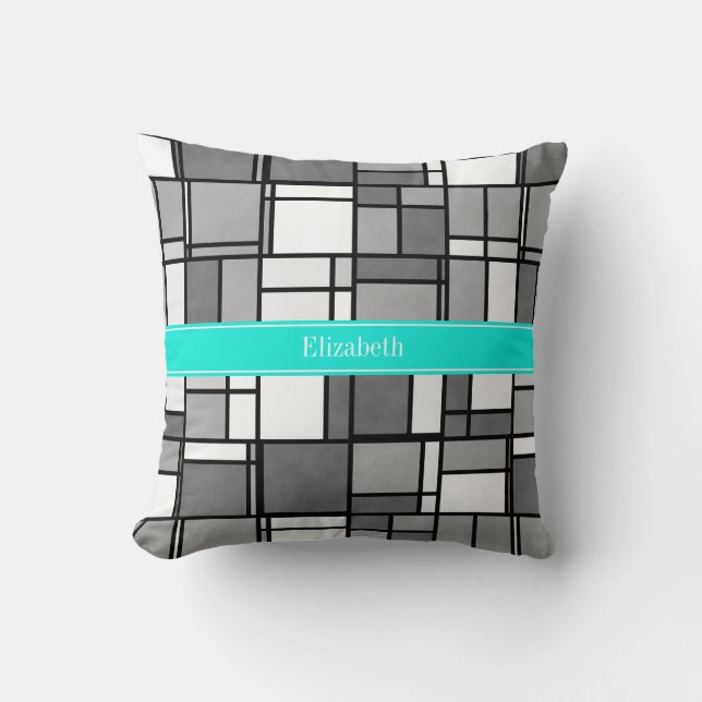 Grå Vit Mondrian Inspirerad Aqua Namn Monogram Kudde (Framsida)
