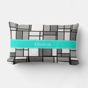 Grå Vit Mondrian Inspirerad Aqua Namn Monogram Lumbarkudde