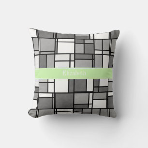 Grå Vit Mondrian Stil Selleri Band Monogram Kudde