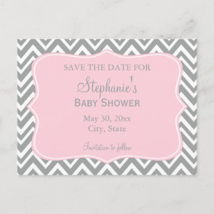 Grå, vit och pastellrosa chevron-babyshower vykort
